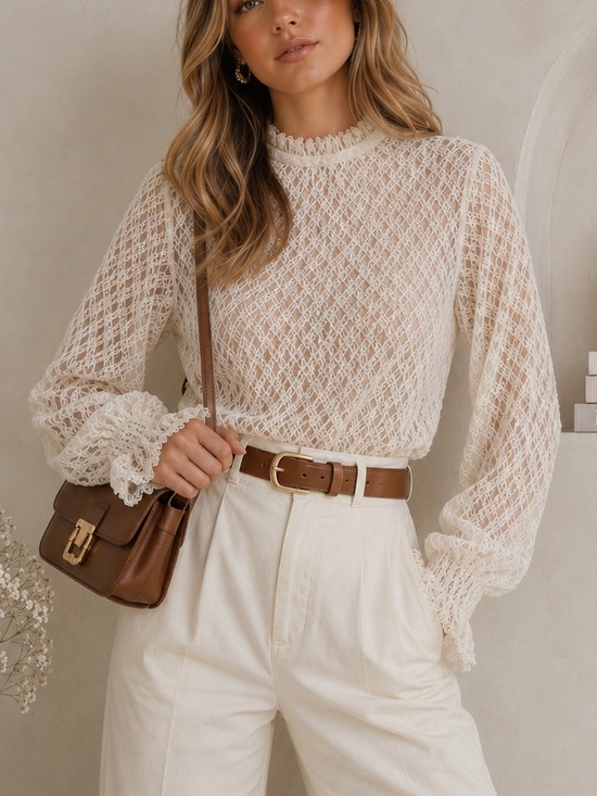 Sandro Tops - Sandro Paris Women's Cream Lace Eyelet Blouse Mock Neck Ruffle Sleeve Sz 1‎ US S